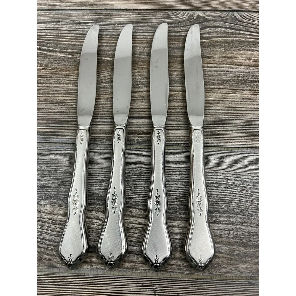 Oneida Dinner Knives Stainless Steel Morning Blossom Pattern Set Of 4 Vintage 9
